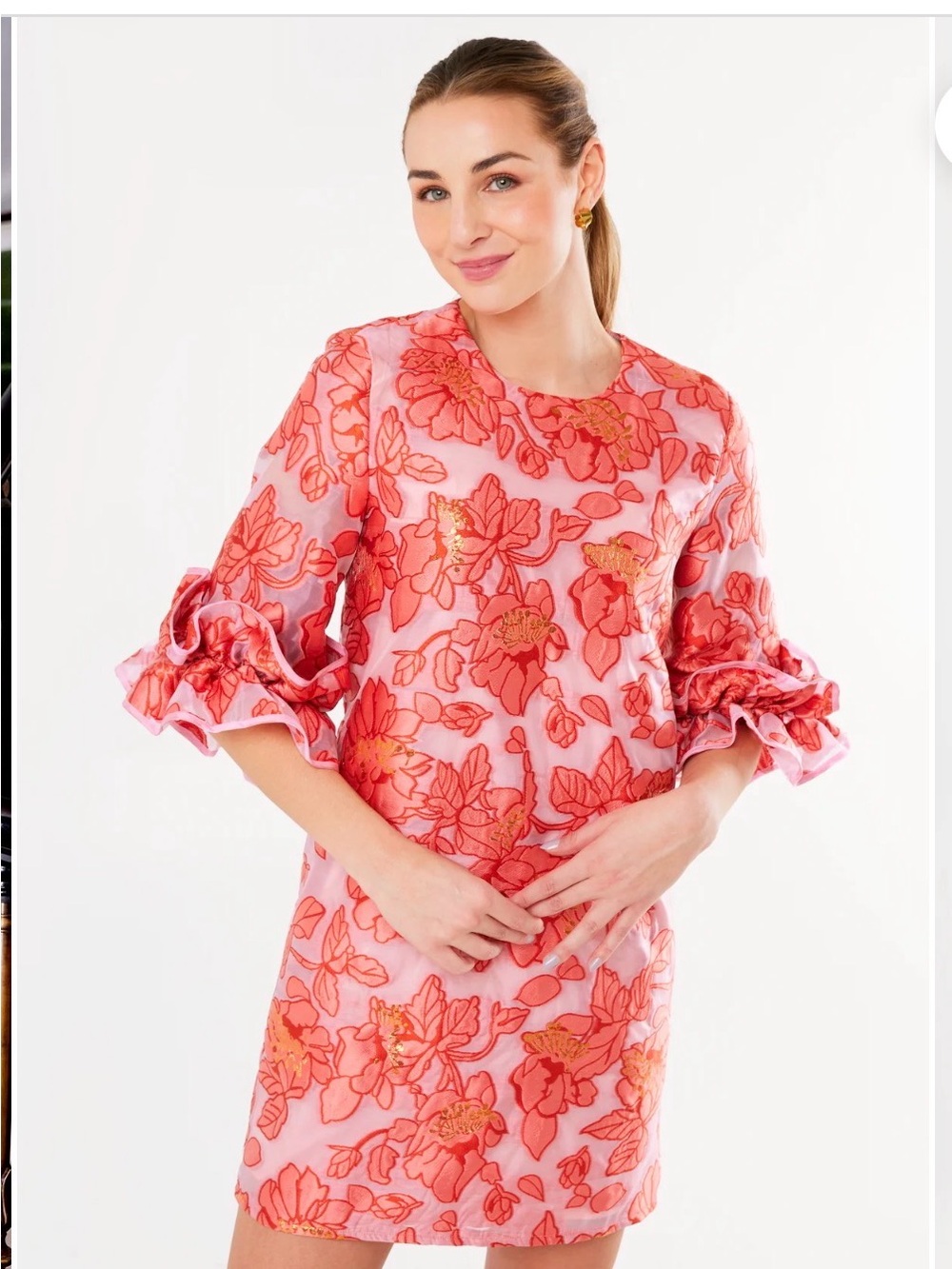 NWT Abbey Glass Bronwyn Floral Ruffle-Sleeve Shift Dress in Pink and Coral